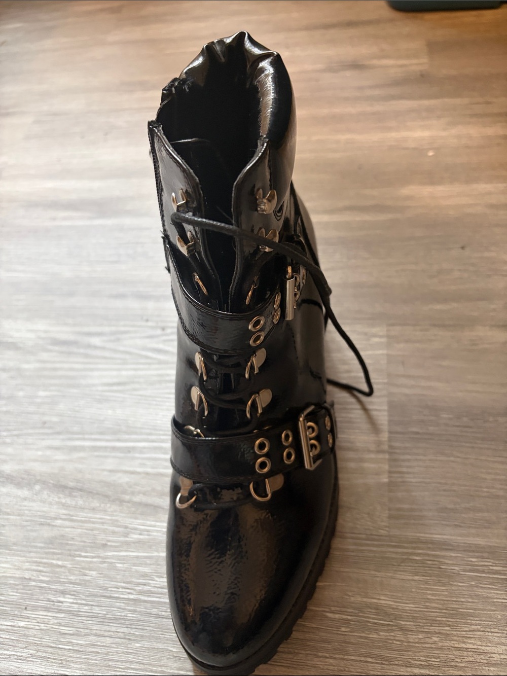 Nasty Gal Black Patent Lace-Up Buckle Combat Boots - Picture 3 of 5